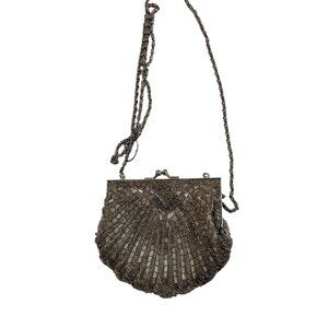 Coloriffics Vintage Silver Beaded Shell Evening Bag Crossbody Clutch Kiss Lock